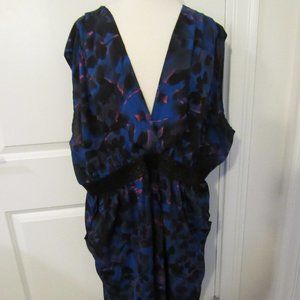 Blue and Black  Sleeveless Midi Dress.  Plunge Neckline, Elastic Blousing Waist.